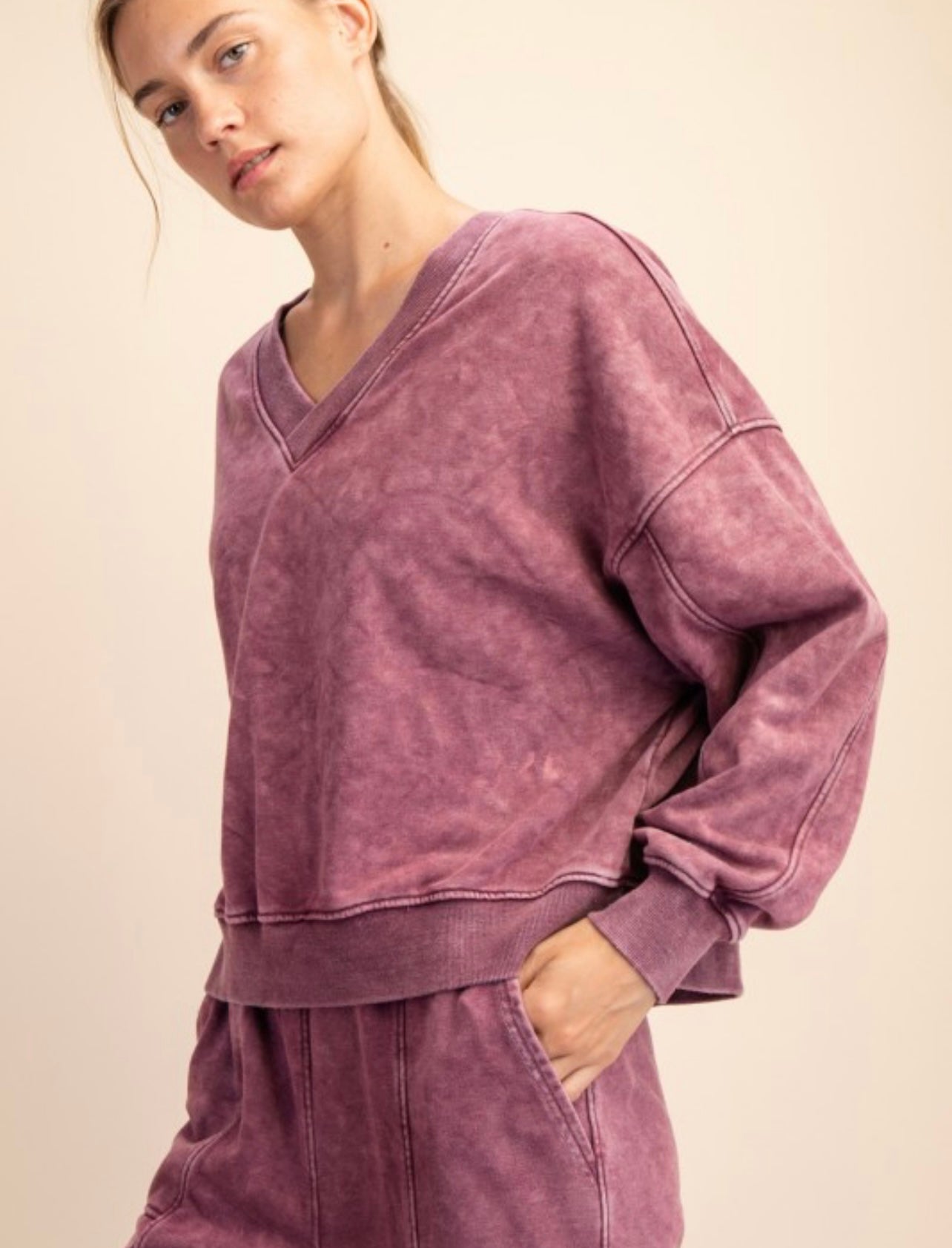 French Terry V Neck Crew