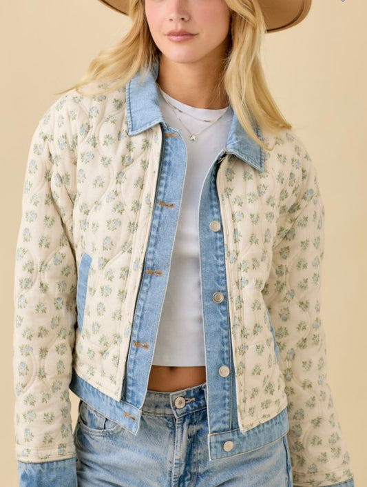Floral Print Quilted Denim Jacket