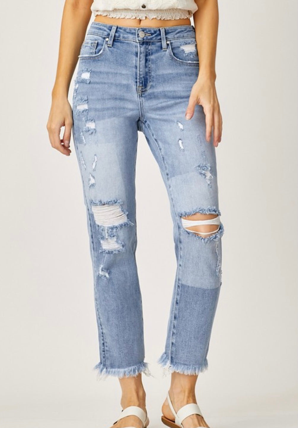 Risen High Waist Patched Straight Jean