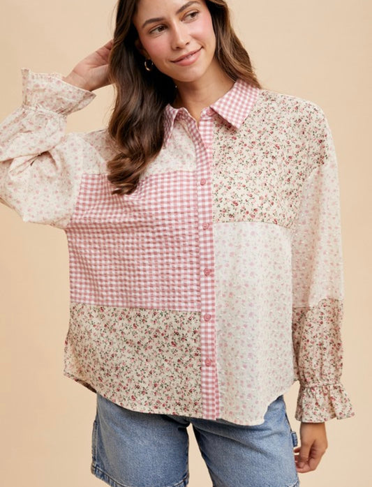 Multi Print Color Block Button Down