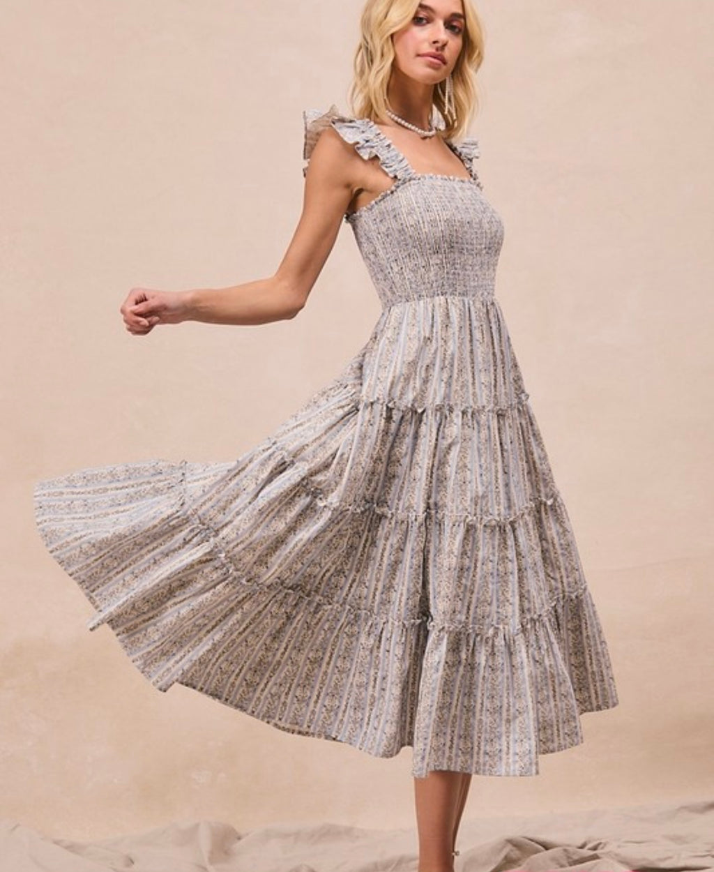 Floral Printed Shirred Sleeveless Dress