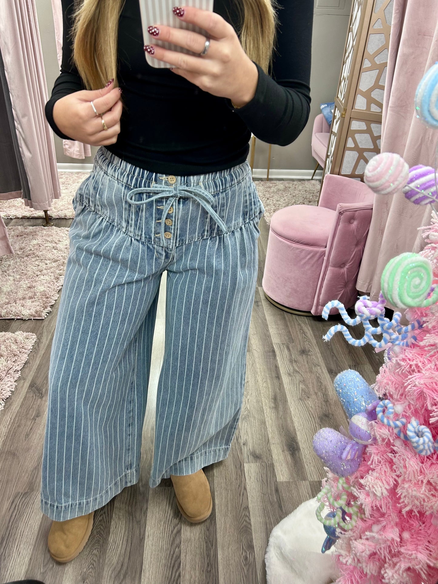 Striped Denim Pin Tuck Pant