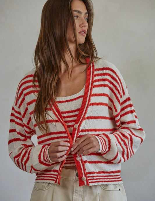 Stripe Knit Tank Top Cardi Set