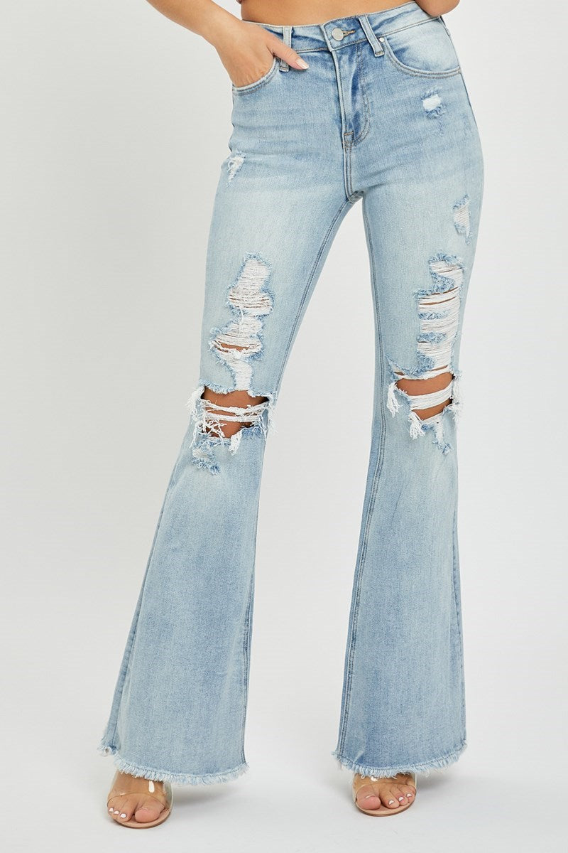 Risen High Rise Distressed Flare Jeans