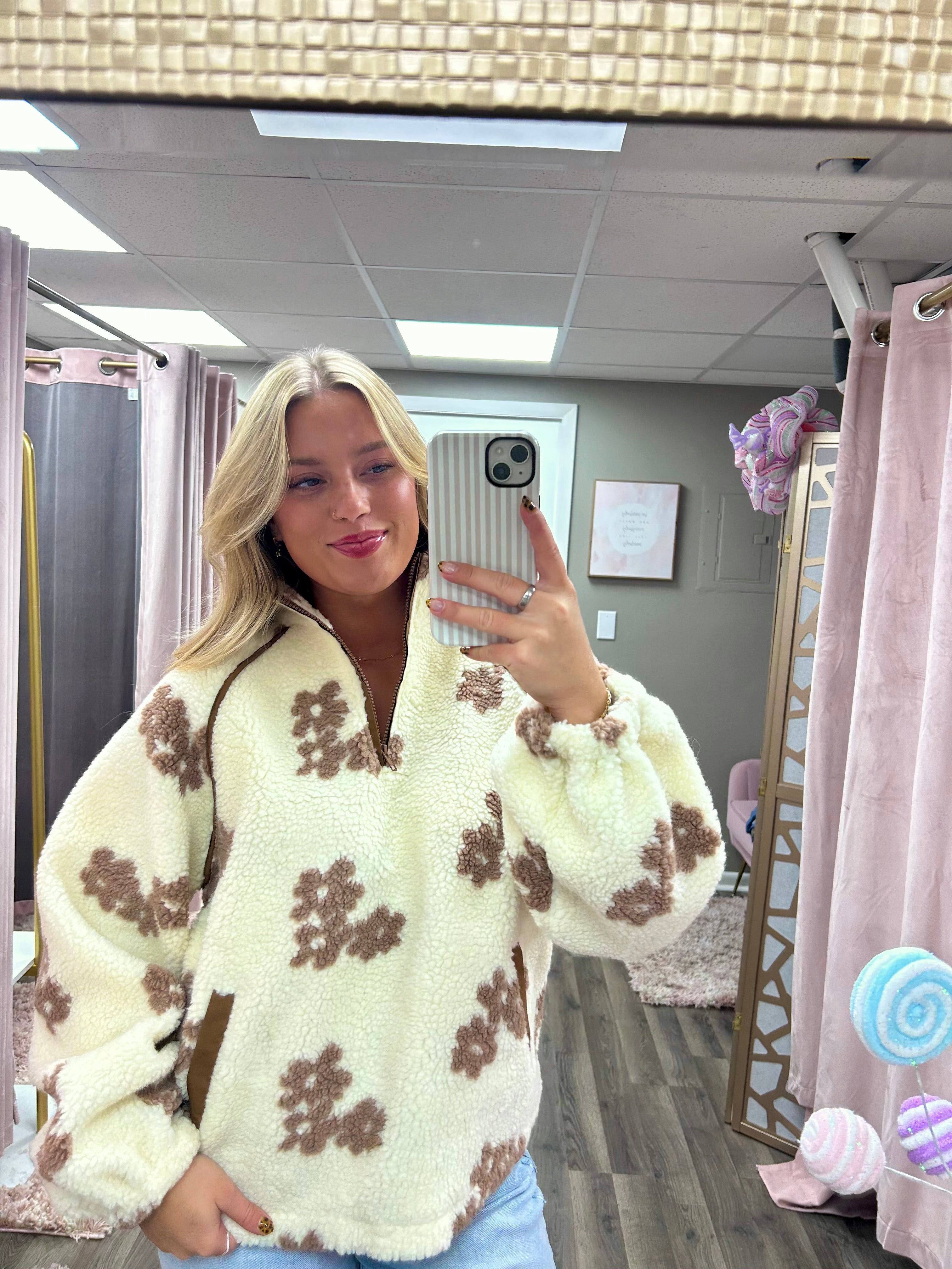 Flower Printed Sherpa Zip Up Top