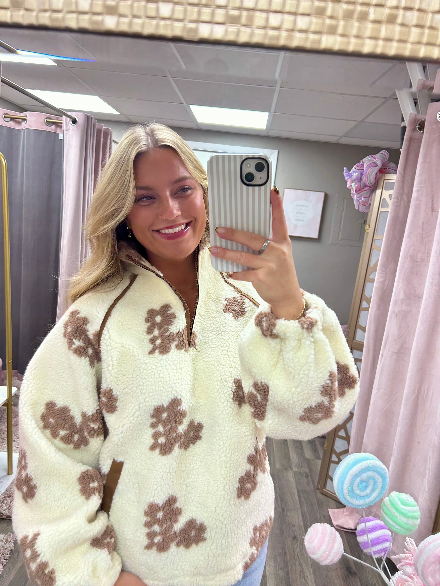 Flower Printed Sherpa Zip Up Top