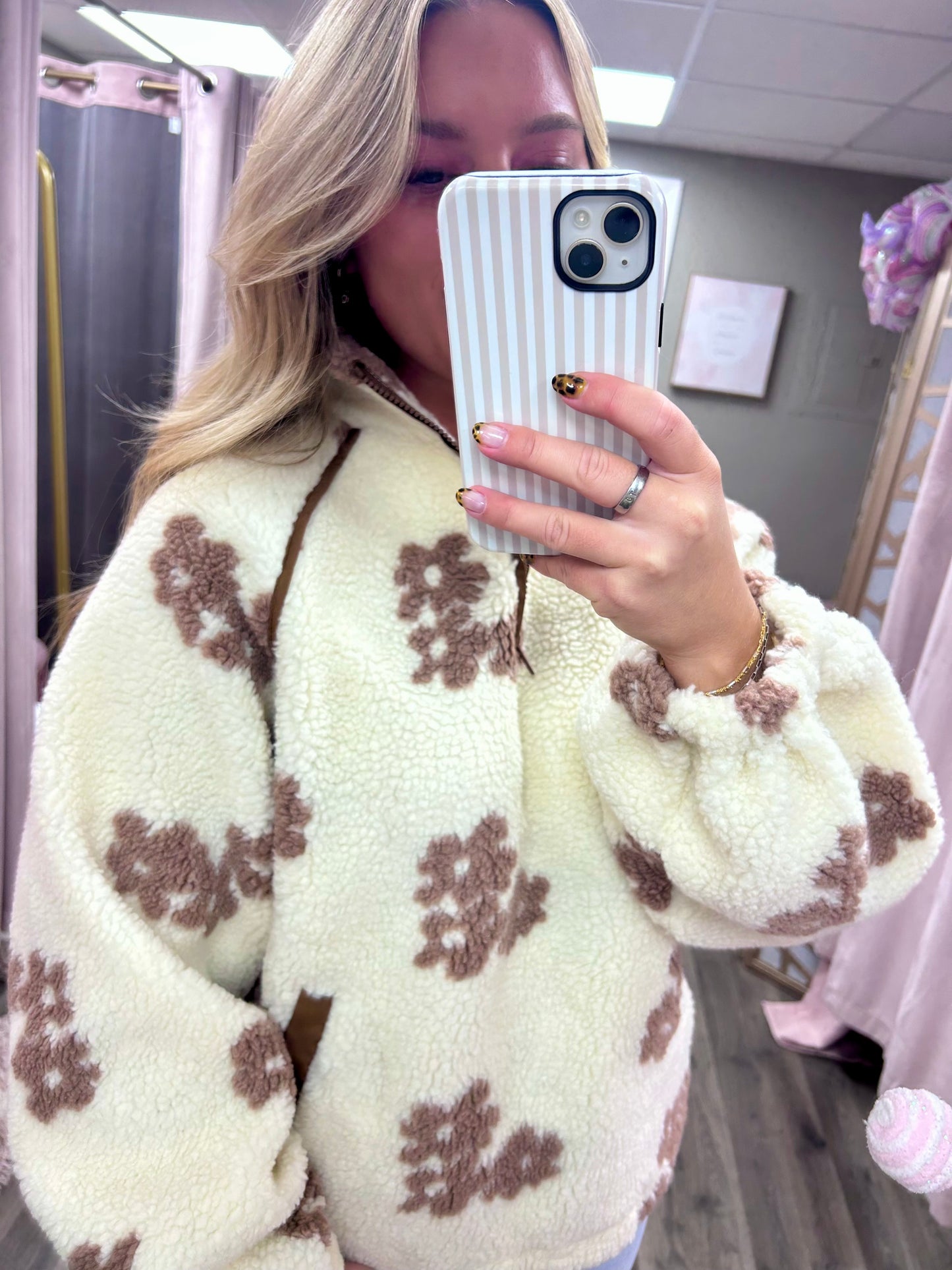 Flower Printed Sherpa Zip Up Top