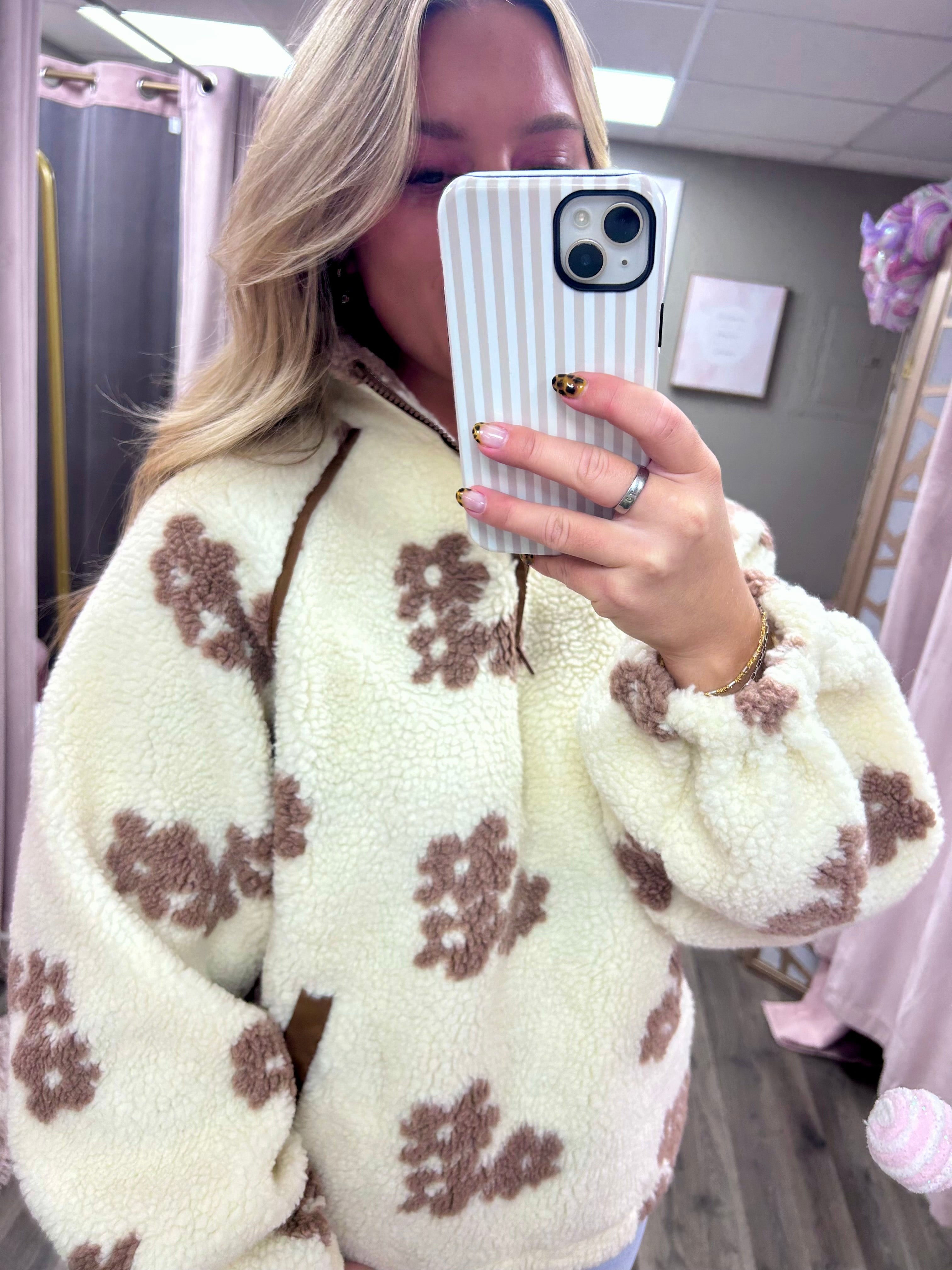 Flower Printed Sherpa Zip Up Top