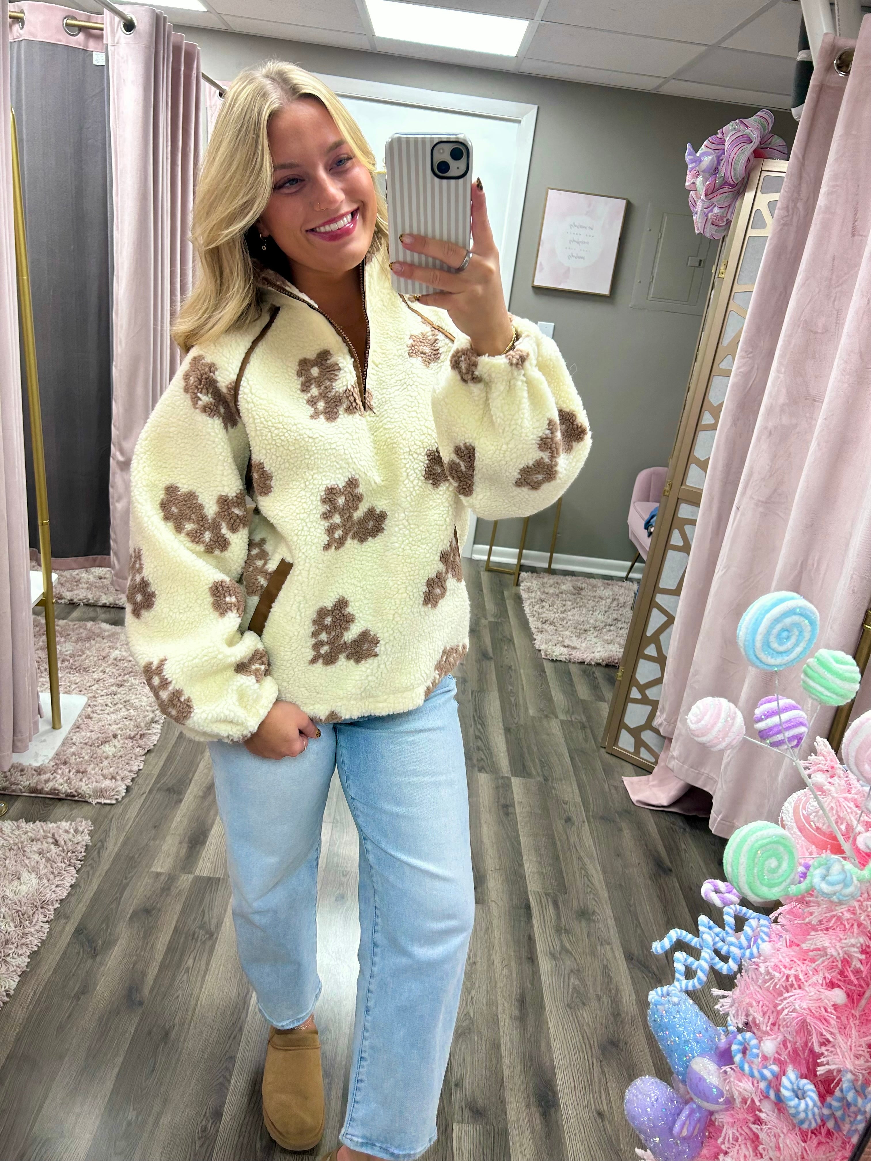 Flower Printed Sherpa Zip Up Top