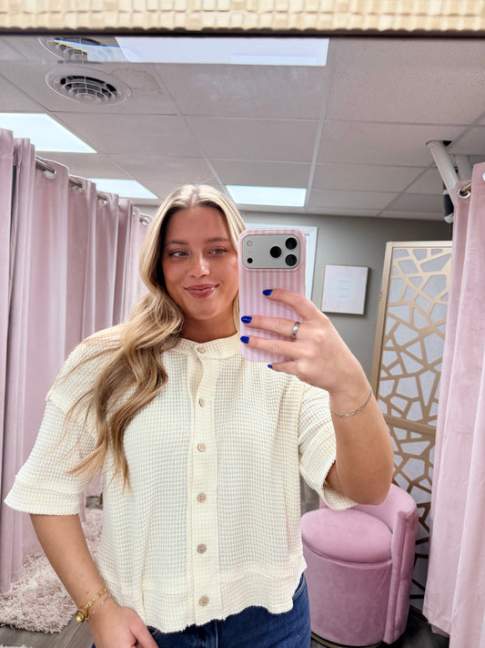 Waffle Knit Button Down Short Sleeve