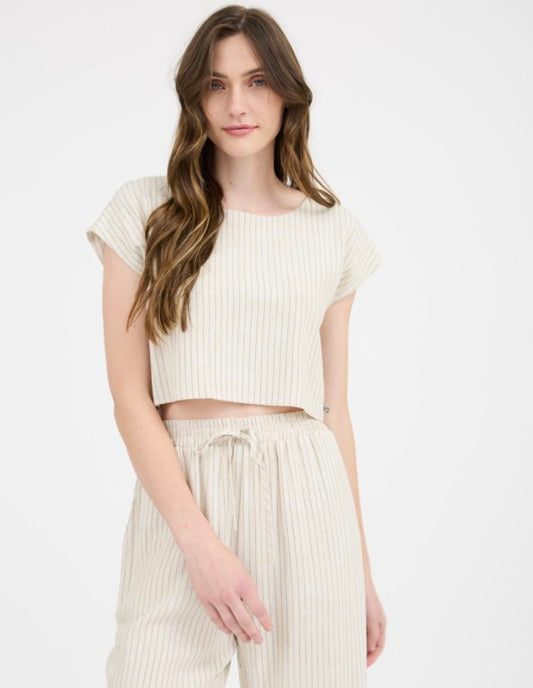 Pinstripe Back Button Short Sleeve Top