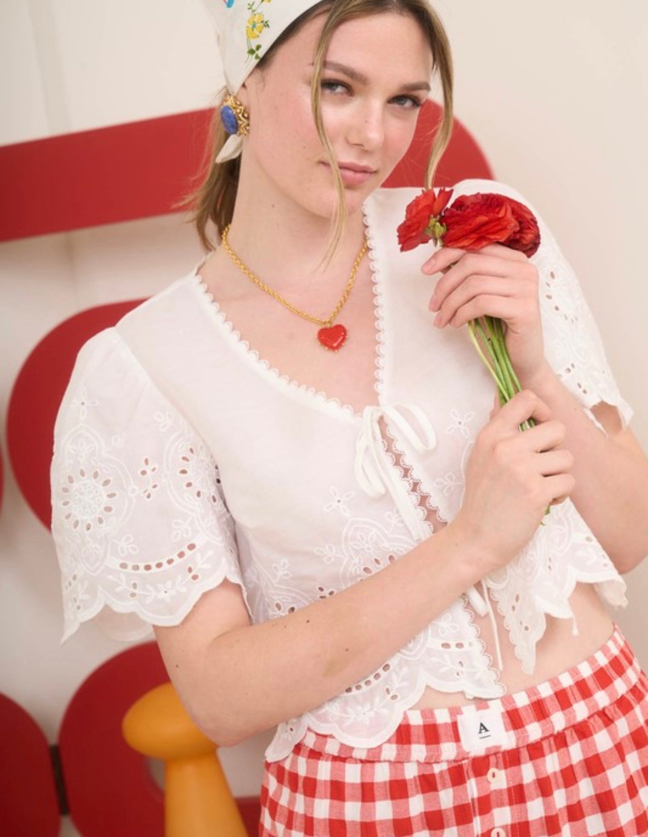 Embroidered Tie Front Scallop Top