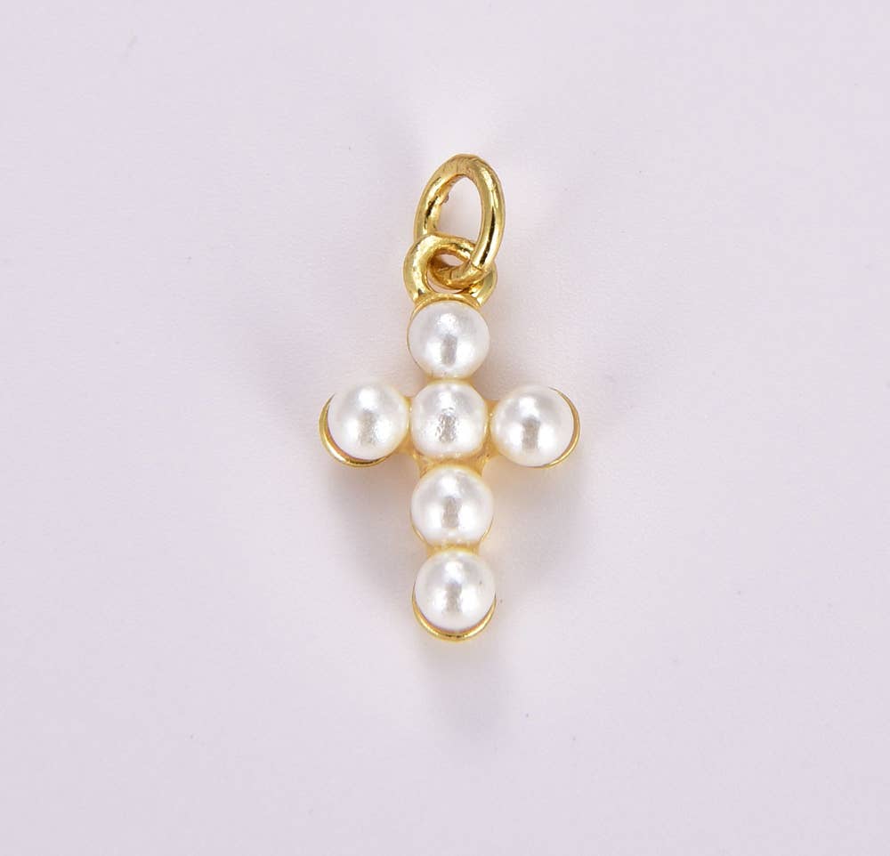 Gold Filled Pearl Cross Charm, Faith Cross Pendant, CP1344: Silver