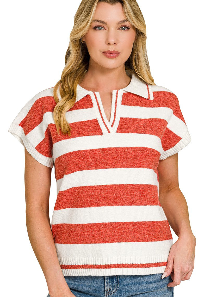 Stripe Collared Short Sleeve Sweater